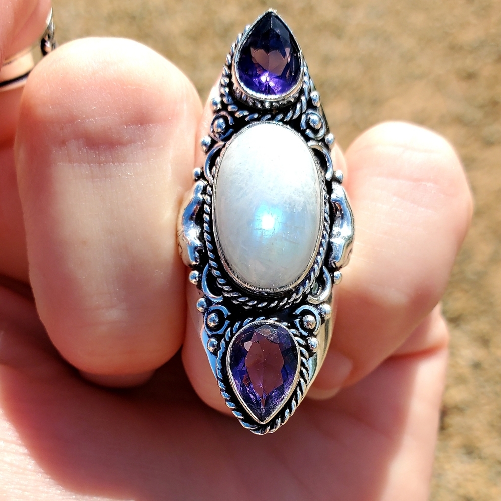 New Rainbow Moonstone & Amethyst 925 Silver Statement Ring.